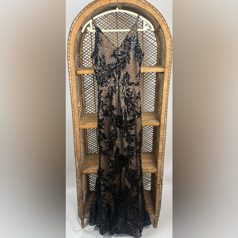 $328 Dress the Population Sharon Black Floral Sequin Lace Gown Dress, XS - Picture 5 of 6